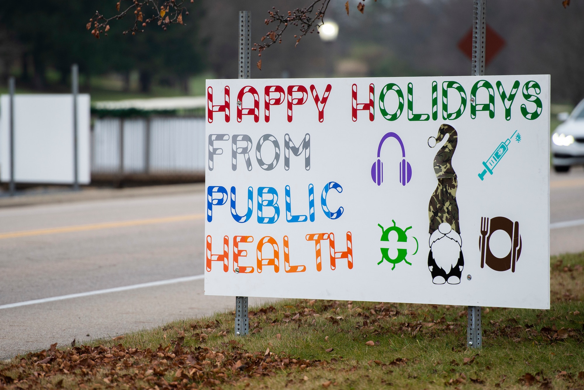 Giant Christmas cards designed by base organizations line Skeel Ave on Wright-Patterson Air Force Base, Ohio. The cards were an attempt to keep people socially connected during COVID-19. (U.S. Air Force photo by Wesley Farnsworth)