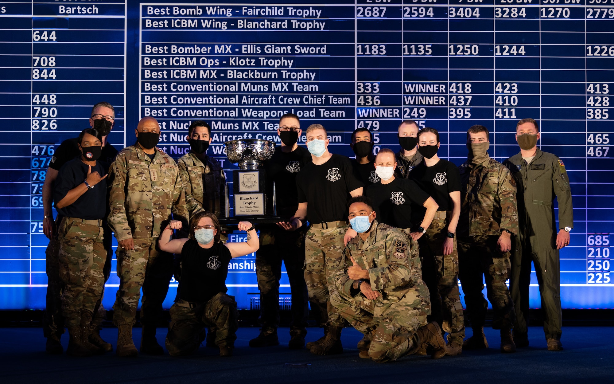 Airmen assigned to the 341st Missile Wing from Malmstrom Air Force Base, Montana, celebrate the win of the Blanchard Trophy during the 2021 Global Strike Challenge score posting at Barksdale Air Force Base,  Louisiana, Dec. 8, 2021. The challenge was designed to showcase the world’s premier bomber and Intercontinental Ballistic Missile force, and improve Airmen’s combat capabilities through competition. (U.S. Air Force photo by Airman 1st Class William Pugh)