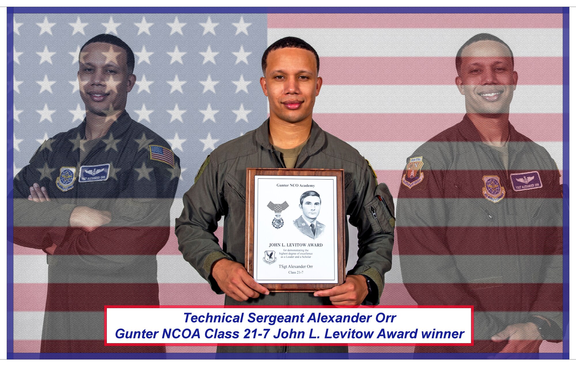 Tech. Sgt. Alexander Orr, the 6th Operations Group NCOIC of standardization and evaluation, poses for a photo at MacDill Air Force Base, Florida, with his John L. Levitow Award from Noncommissioned Officers Academy (NCOA) Class 21-7 at Gunter-Maxwell Air Force Base, Alabama, Oct. 29, 2021.