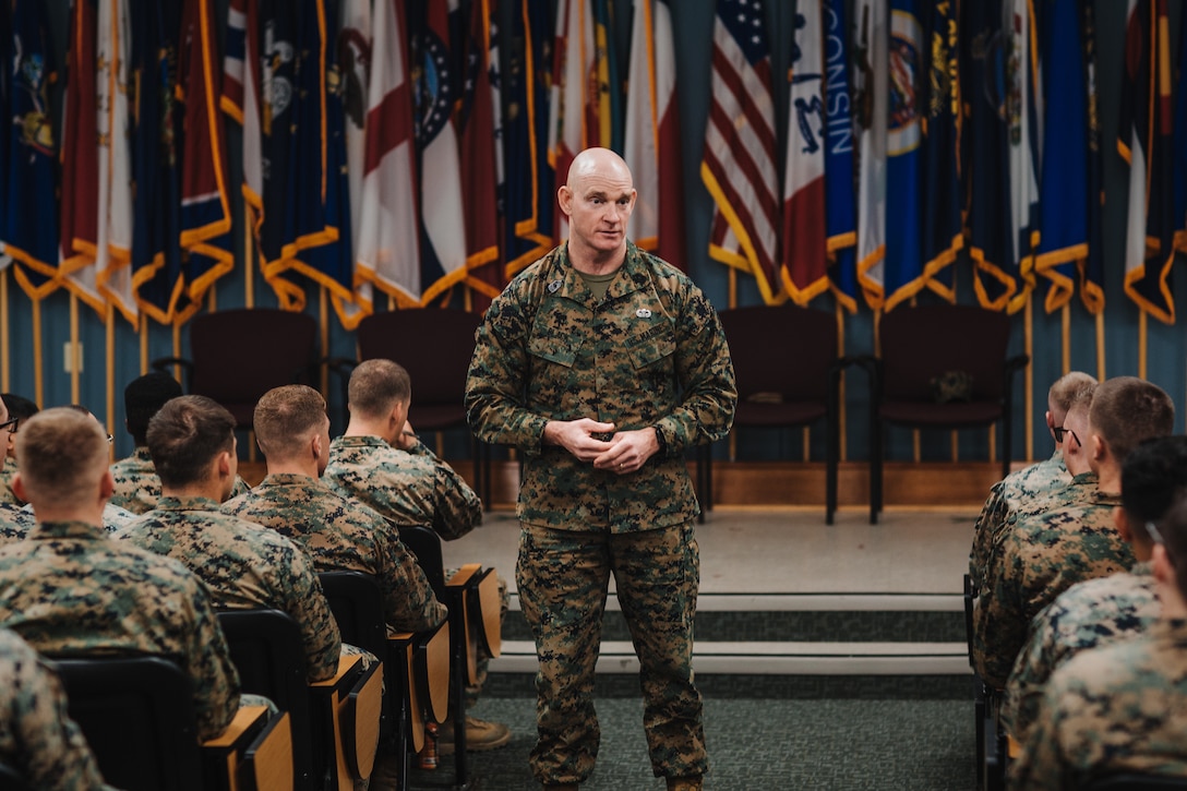 U.S. Marine Corps Sgt. Maj. Troy E. Black, the 19th Sergeant Major of the Marine Corps, speaks to Marines about the importance of Operation Allies Welcome while visiting Fort Pickett, Virginia, Dec. 8, 2021.