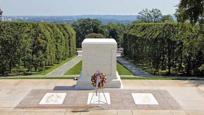 The Tomb of the Unknown Soldier, at Arlington National Cemetery, with downtown Washington visible on the horizon to the left. (Arlington National Cemetery)