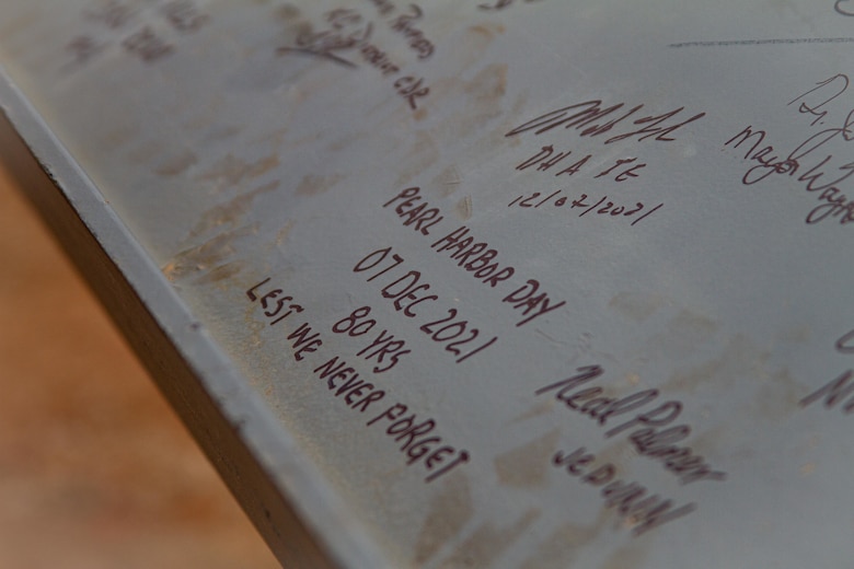 A tribute to the attack on Pearl Harbor was written on the final piece of structural steel for the General Leonard Wood Community Hospital Project during a Topping Out Ceremony at Fort Leonard Wood on Dec. 7, 2021. The ceremony was held on the same day as Pearl Harbor Remembrance Day.