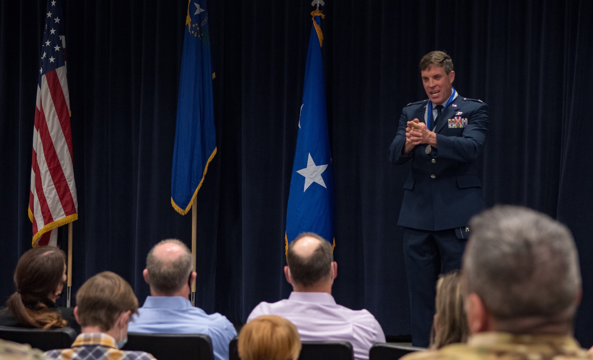 Col. David Clark, special projects officer with the Nevada National Guard State Headquarters, addresses those in attendance of an award ceremony after he was presented with the Maj. Gen. Drennan A. Clark Order of Nevada Medal.