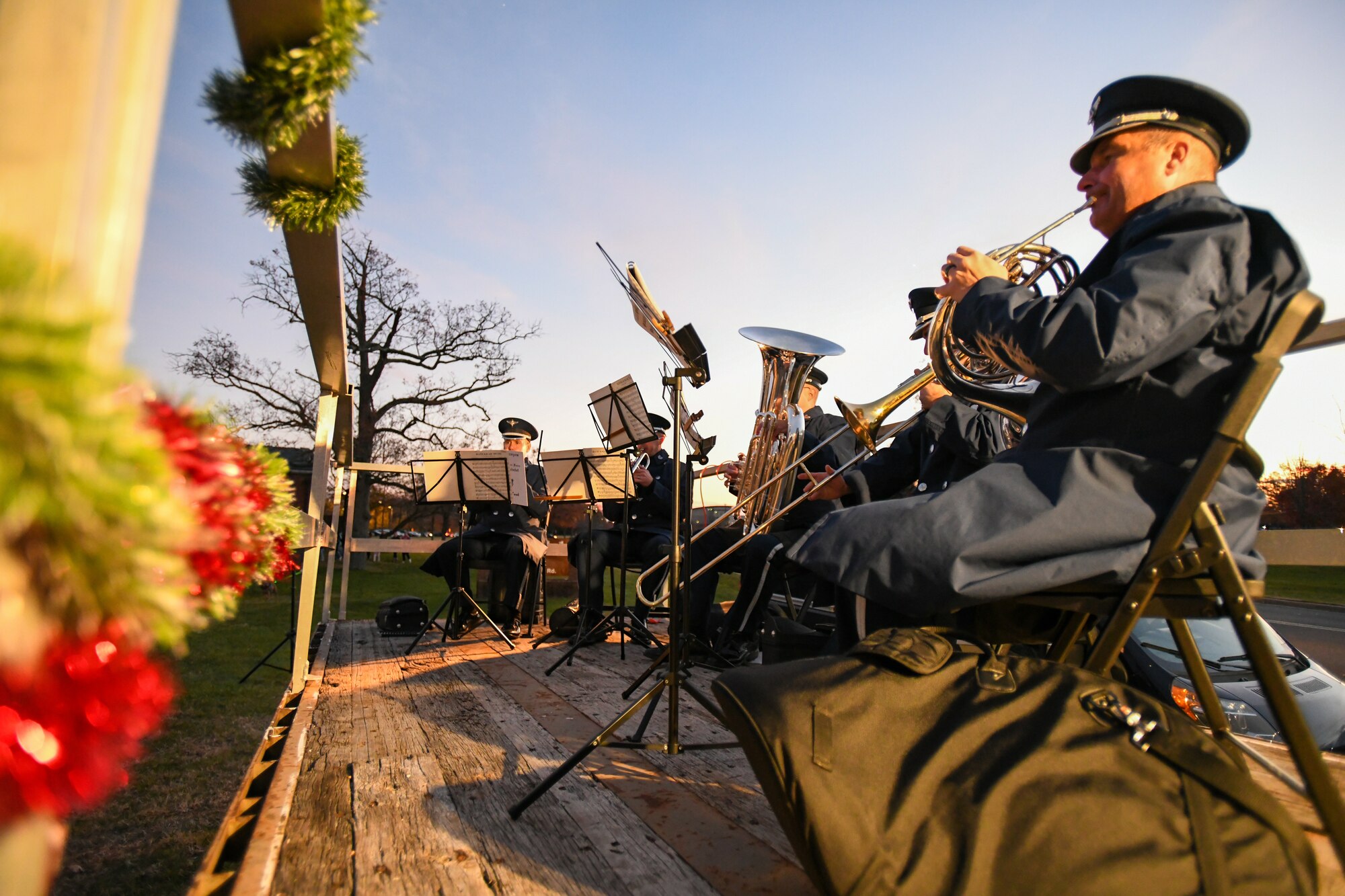 The Ceremonial Brass Quintet, one of six musical ensembles that form The U.S. Air Force Band,  performs at the Holiday Extravaganza hosted by Chapel 1 at Joint Base Andrews, Md., Dec. 2, 2021.