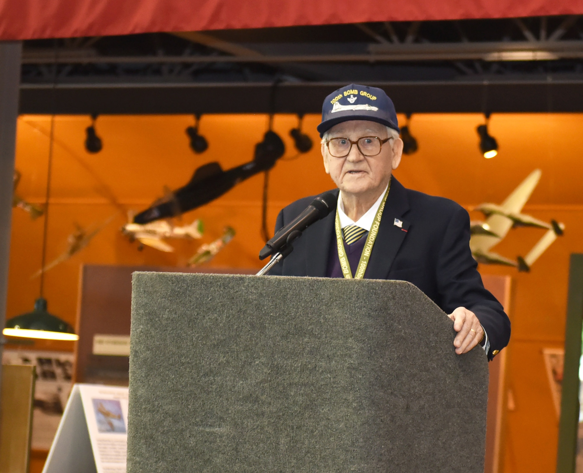 Retired 1st Lt. John A. Clark, former, 100th Bomb Group pilot and World War II veteran, shares stories of his life and how valuable the Women’s Air Force Service Pilots (also known as WASPs) contribution was to World War II, at the Cavenaugh Flight Museum during the 100th Bomb Group reunion in Dallas, Texas, Oct. 28, 2021. The reunion, held every other year in a different location within the States, brings together the 100th Bomb Group veterans, their families, and Airmen from the 100th Air Refueling Wing. (U.S. Air Force photo by Karen Abeyasekere