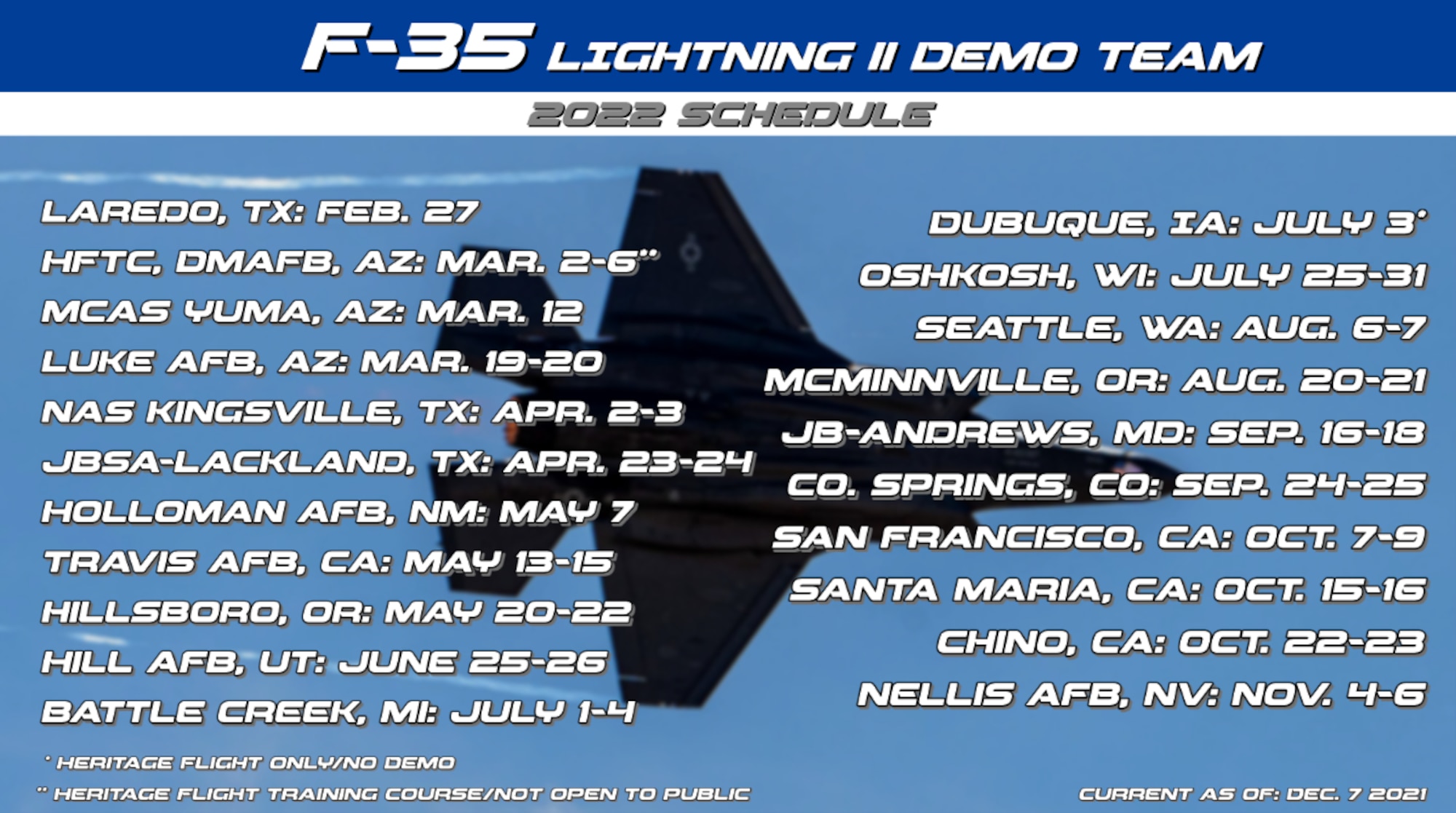 F35A Lightning II Demonstration Team schedule announced for 2022 air