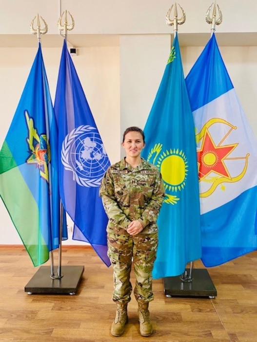 Kazakh Language Enabled Airman Program Scholar Capt. Aigerim Akhmetova provided language support for the Joint Combined Exchange Training (JCET) between the United States Army and Kazakhstan Peacekeeping Forces, which took place in Almaty, Kazakhstan, from Nov. 1-26, 2021. (Courtesy photo)