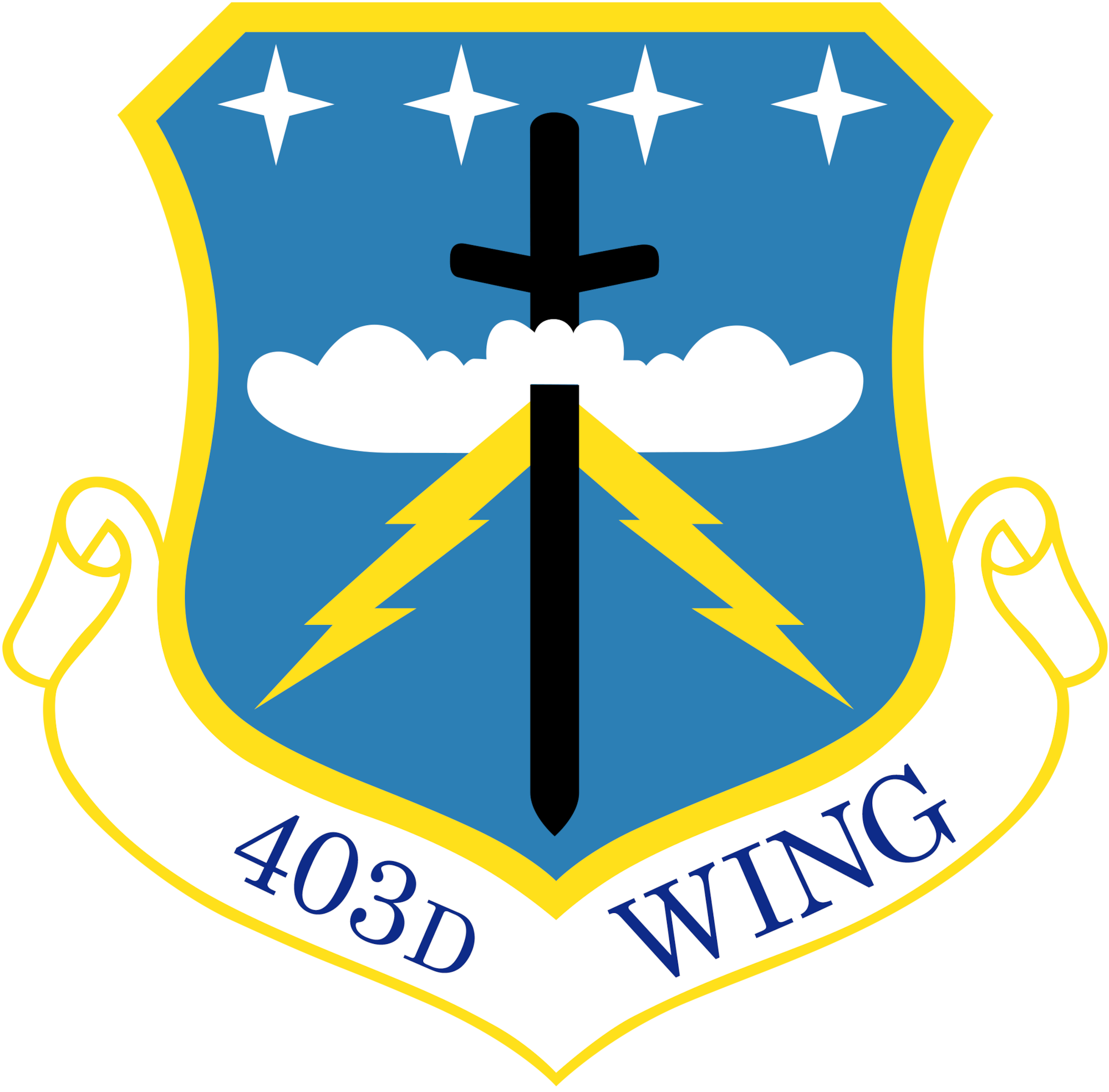 403rd Wing emblem. Caption reads: "The 403rd Wing is the largest flying organization at Keesler, and the only Air Force Reserve Command wing in Mississippi. With a military manning authorization of more than 1,400 reservists, including 250 full-time air reserve technicians, the wing performs dual missions: tactical airlift support during peace- and war-time contingencies, and aerial weather reconnaissance supporting the Department of Commerce."
