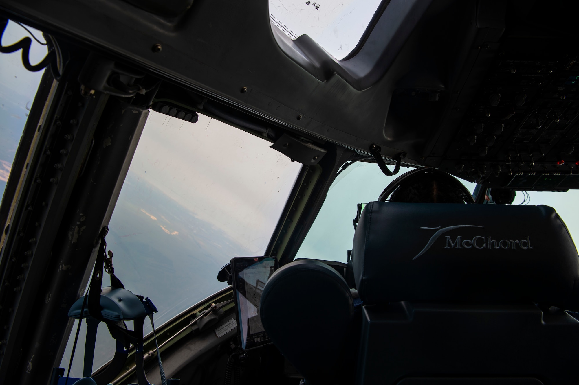 U.S. Air Force 1st Lt. Erica Drakes, 4th Airlift Squadron pilot, flies a C-17 Globemaster III carrying Airmen assigned to Joint Base Lewis-McChord, Washington; Joint Base McGuire-Dix-Lakehurst, New Jersey; and Dover Air Force Base, Delaware, deploying to the 816th Expeditionary Airlift Squadron at Al Udeid Air Base, Qatar, Nov. 28, 2021. Periodically throughout the year, C-17 squadrons within Air Mobility Command send Airmen to Al Udeid to perform airlift missions in the Allied Forces Central Europe area of responsibility. (U.S. Air Force photo by Staff Sgt. Tryphena Mayhugh)