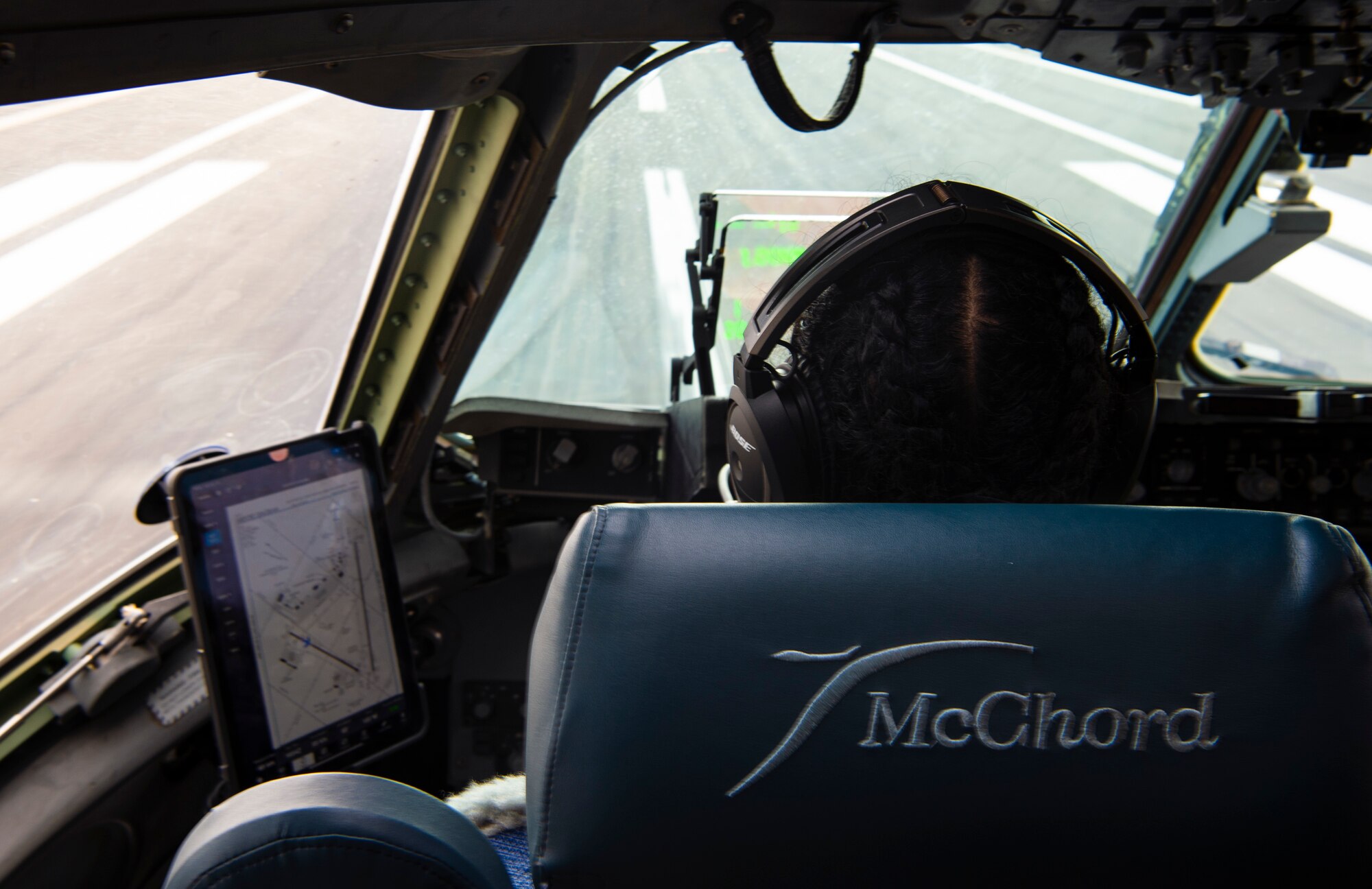 U.S. Air Force 1st Lt. Erica Drakes, 4th Airlift Squadron pilot, takes off in a C-17 Globemaster III during the 816th Expeditionary Airlift Squadron swap out from Joint Base McGuire-Dix-Lakehurst, New Jersey, Nov. 28, 2021. Drakes and other 62nd Airlift Wing Airmen, along with Airmen from McGuire and Dover Air Force Base, Delaware, deployed to Al Udeid Air Base, Qatar, to be members of the 816th EAS. (U.S. Air Force photo by Staff Sgt. Tryphena Mayhugh)