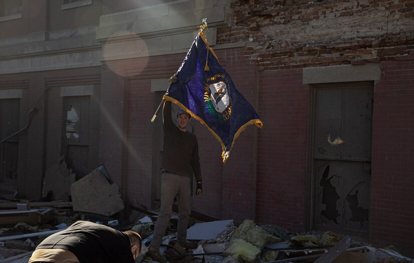 Kentucky state flag rescued from the ruble of the courthouse in Mayfield, Ky.