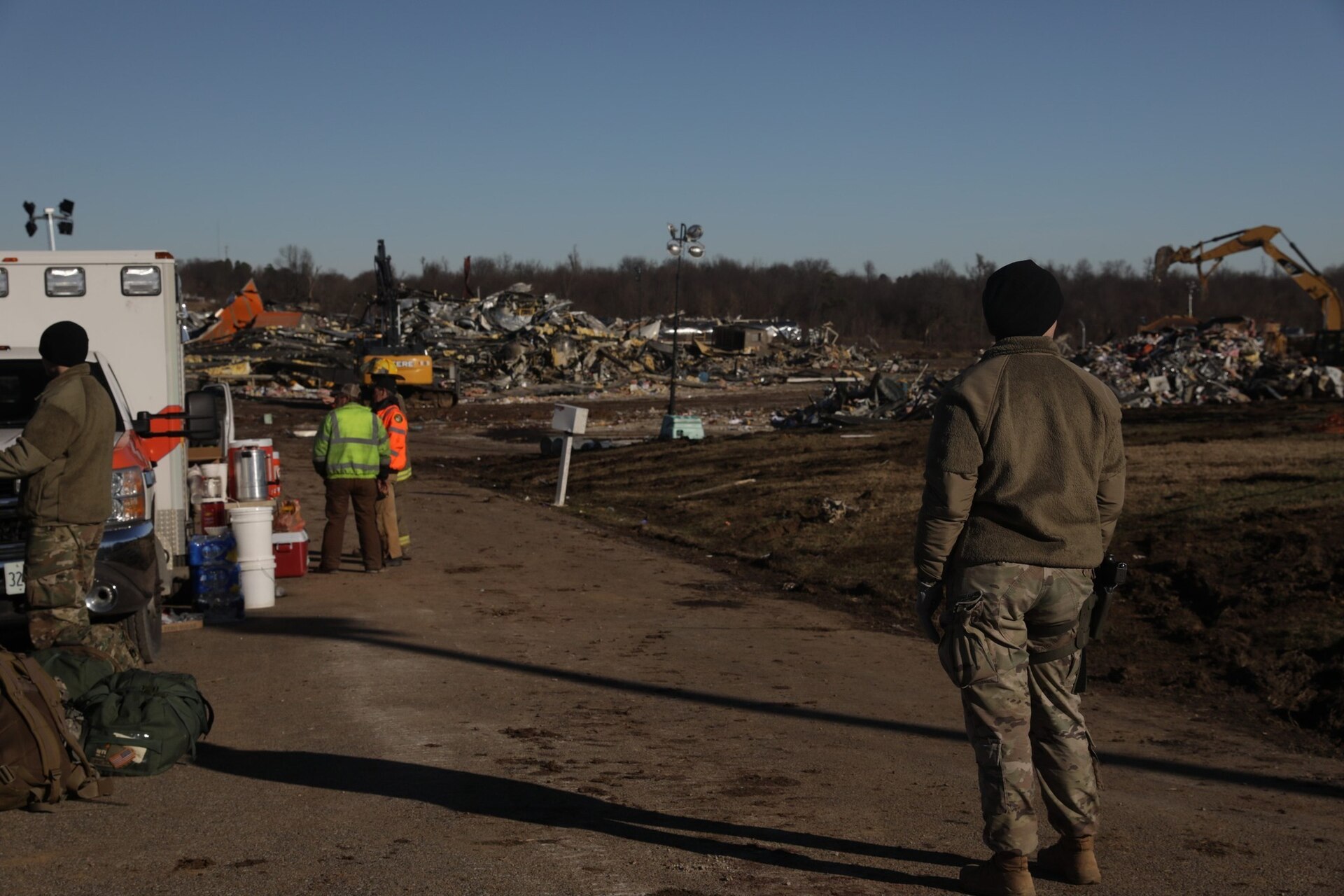 Army Guardsmen with the 301st Chemical Battalion and Air Guardsmen with the 123rd Airlift Wing continue search and rescue missions in Mayfield, Ky. on December 12th, 2021.

"I feel like extraction training has prepared me really well for a real world scenario like this," said Pvt. Tyler Price, 301st Chem. Co. "We have shown that we have a really good response time with people coming together from all over the state and they have all been able to get here quickly."