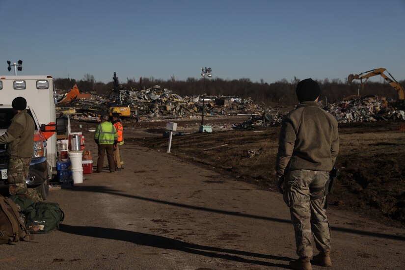 Army Guardsmen with the 301st Chemical Battalion and Air Guardsmen with the 123rd Airlift Wing continue search and rescue missions in Mayfield, Ky. on December 12th, 2021.

"I feel like extraction training has prepared me really well for a real world scenario like this," said Pvt. Tyler Price, 301st Chem. Co. "We have shown that we have a really good response time with people coming together from all over the state and they have all been able to get here quickly."