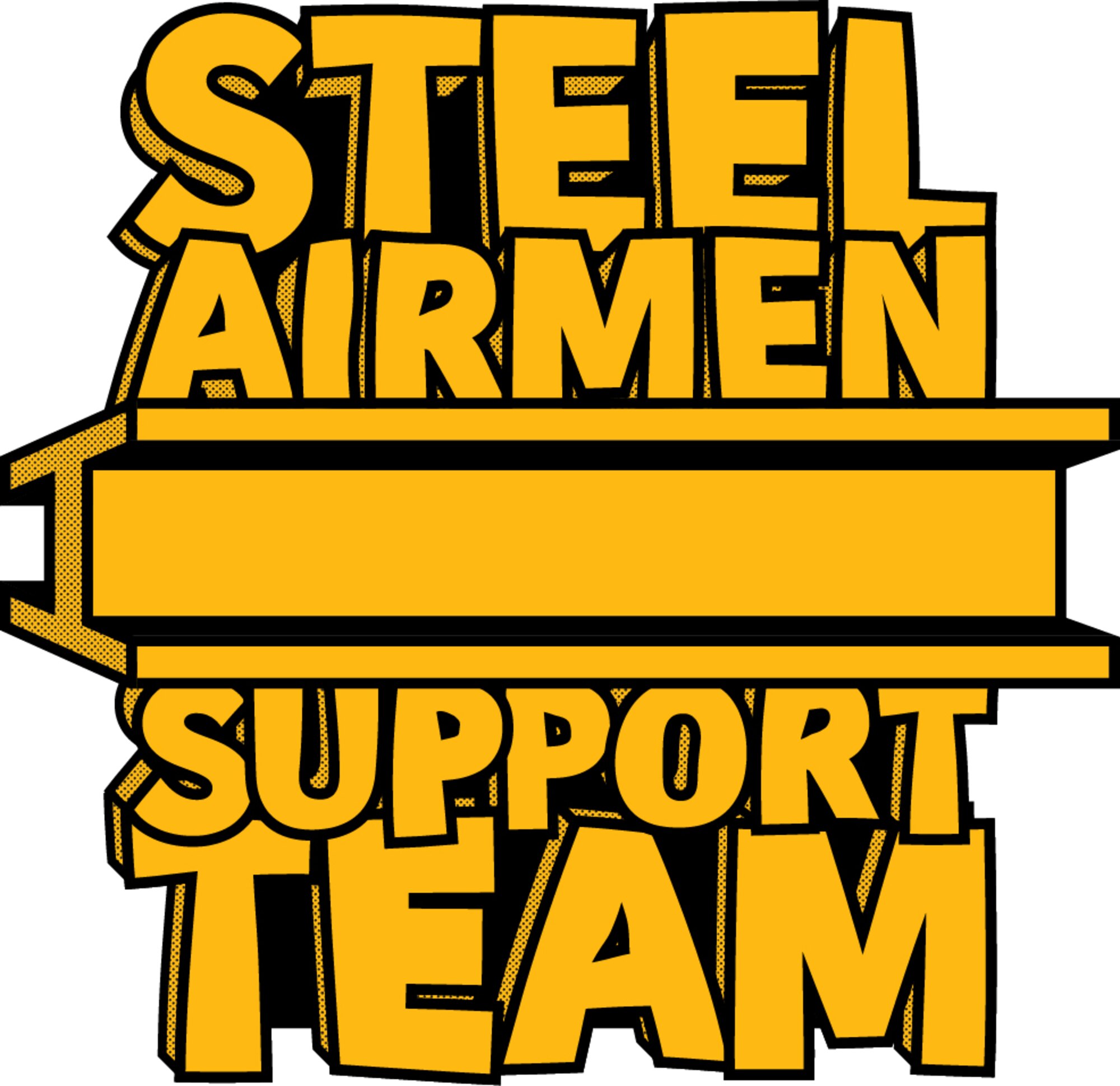Yellow block letter text with a black outline, reading "Steel Airmen Support Team"