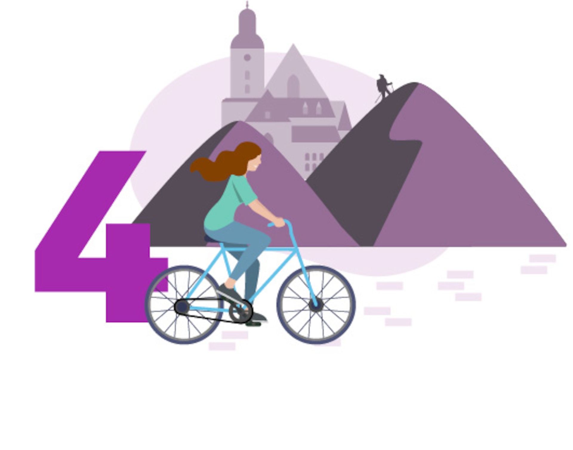 Illustration of a woman riding a bike with a mountain and castle in the background. Labeled with the number four.