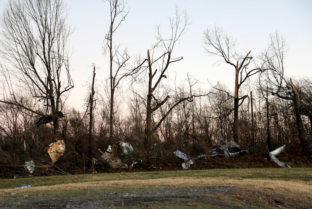 Large pieces of debris are visible amid trees in a field.