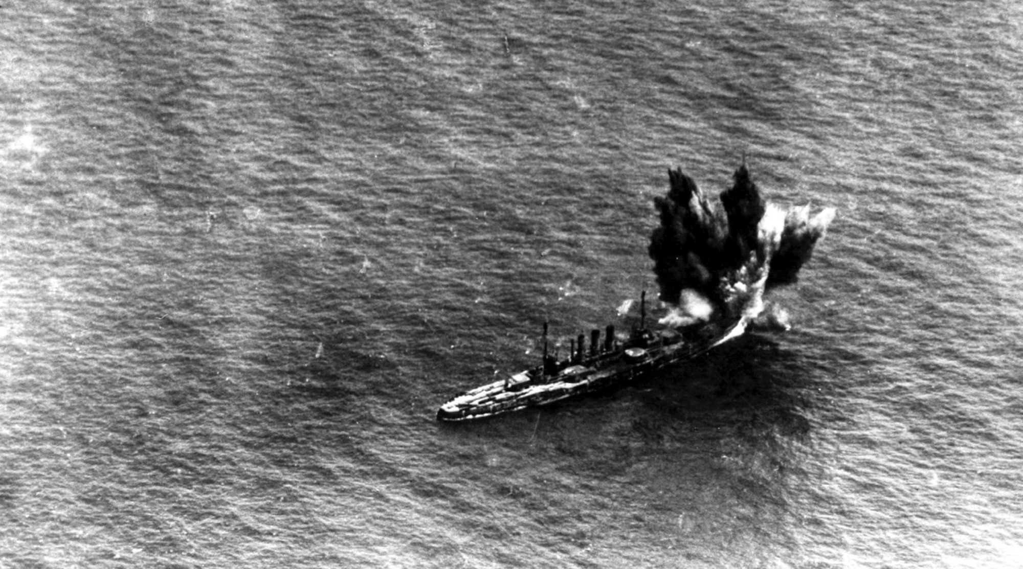 A bomb lands forward of the Ostfriesland on July 21, 1921. (Courtesy photo)