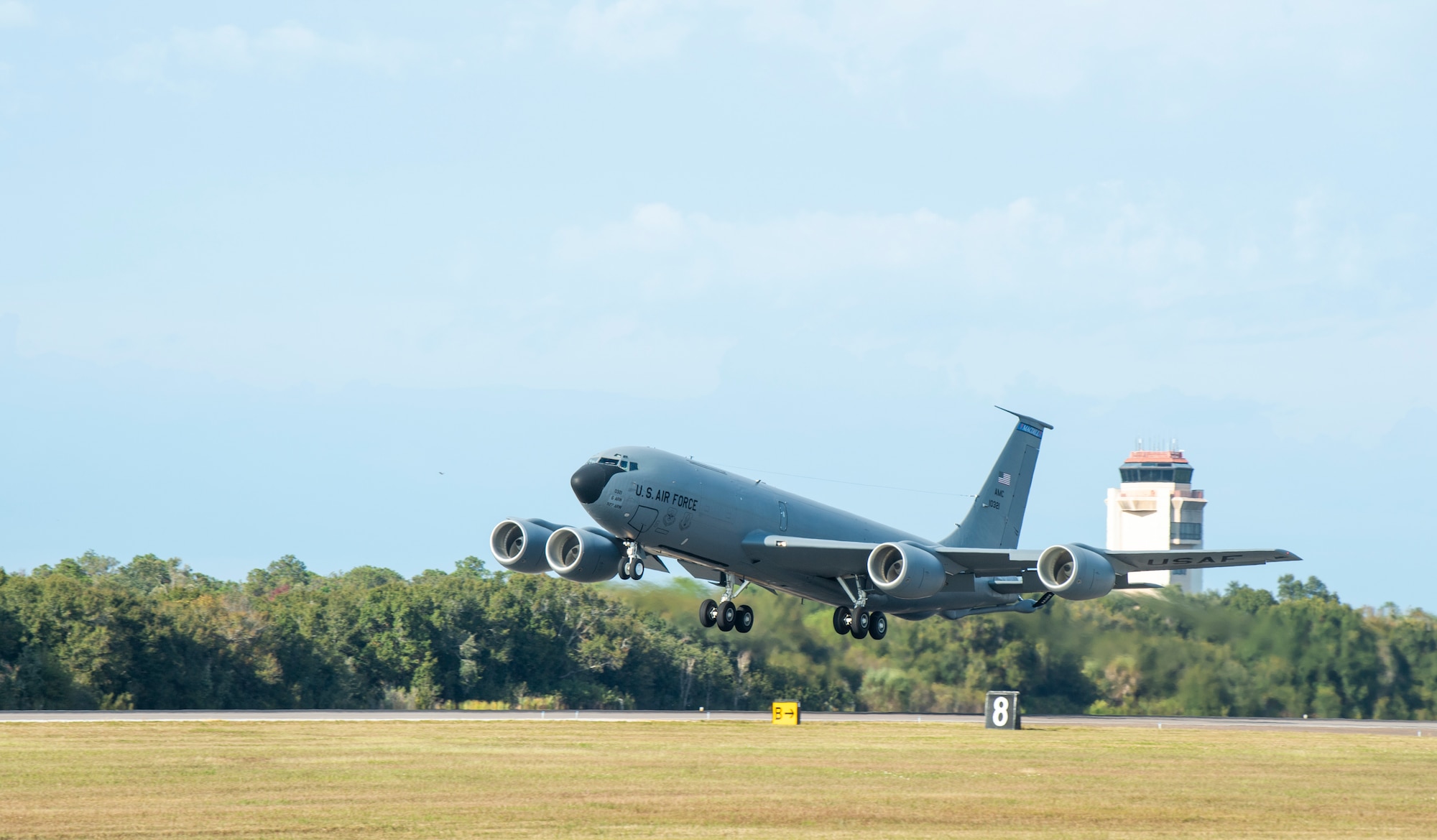A KC-135 Stratotanker aircraft assigned to the 50th Air Refueling Squadron takes-off from MacDill Air Force Base, Florida, Dec. 8, 2021.