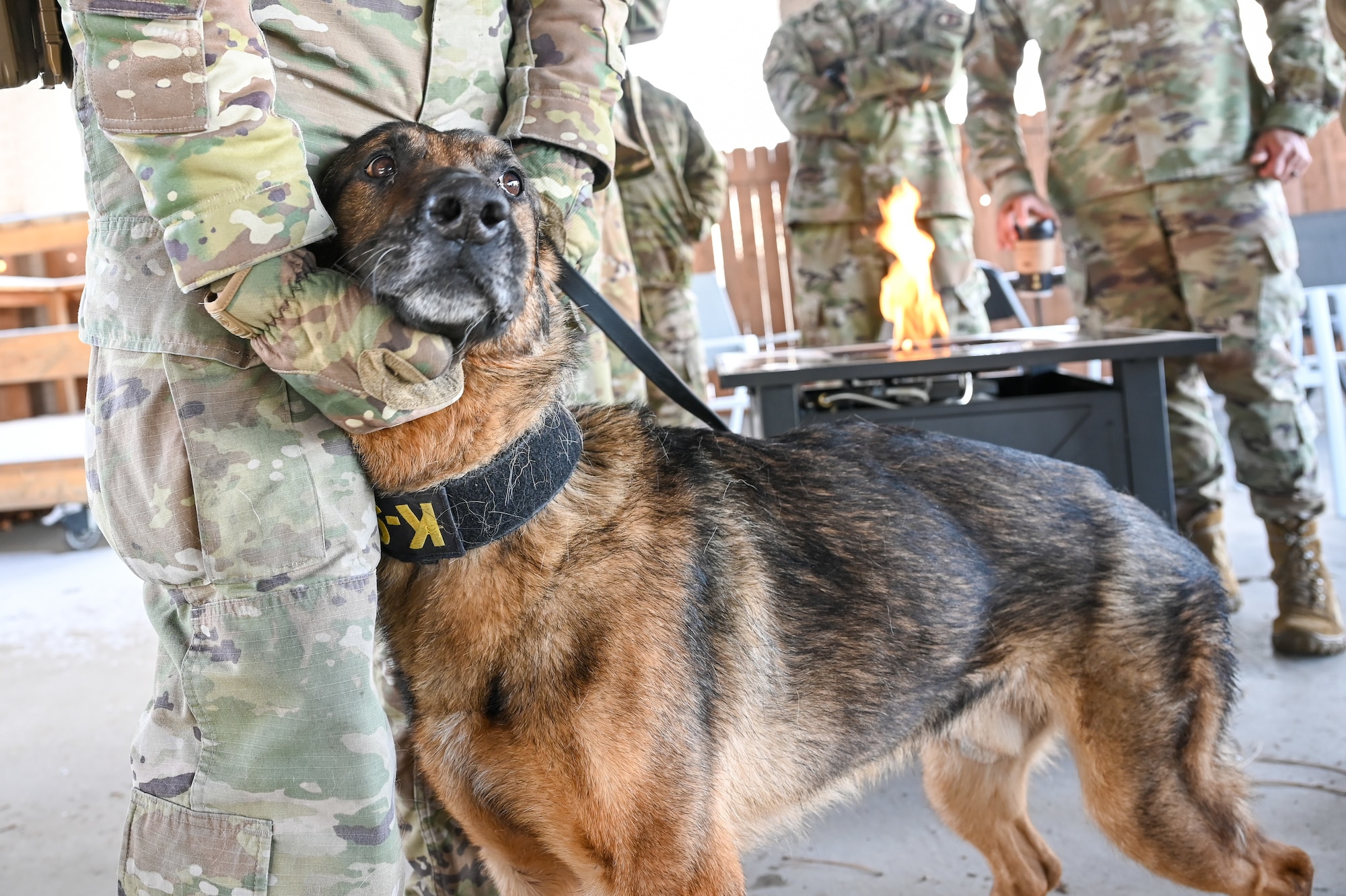 Staff Sgt. Tyler Hopkins, 75th Security Forces Squadron, pets military working dog Bastas during his retirement celebration Dec. 10, 2021, at Hill Air Force Base, Utah. MWD Bastas retired honorably after serving six years with the 75th SFS at Hill. (U.S. Air Force photo by Cynthia Griggs)