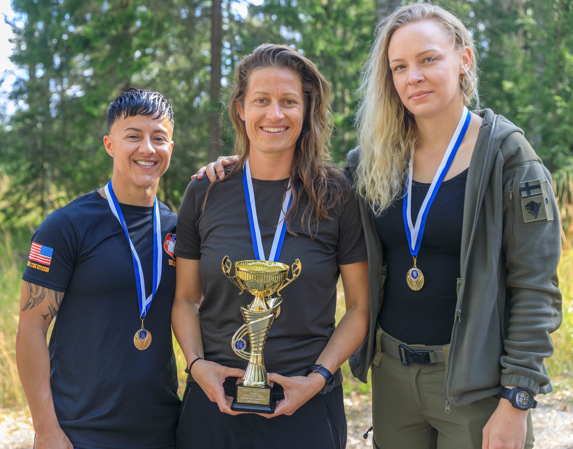 The top female team at the 2021 Interallied Confederation of Reserve Officers military competition pose for a picture after the closing ceremony in Lahti, Finland on August 1st. This team was composed of reserve service members from three nations, Finland, Denmark and the United States of America. The CIOR MILCOMP is an annual competition among NATO and Partnership for Peace nations. This competition test reserve service members from allied nations on several core disciplines in teams of three.