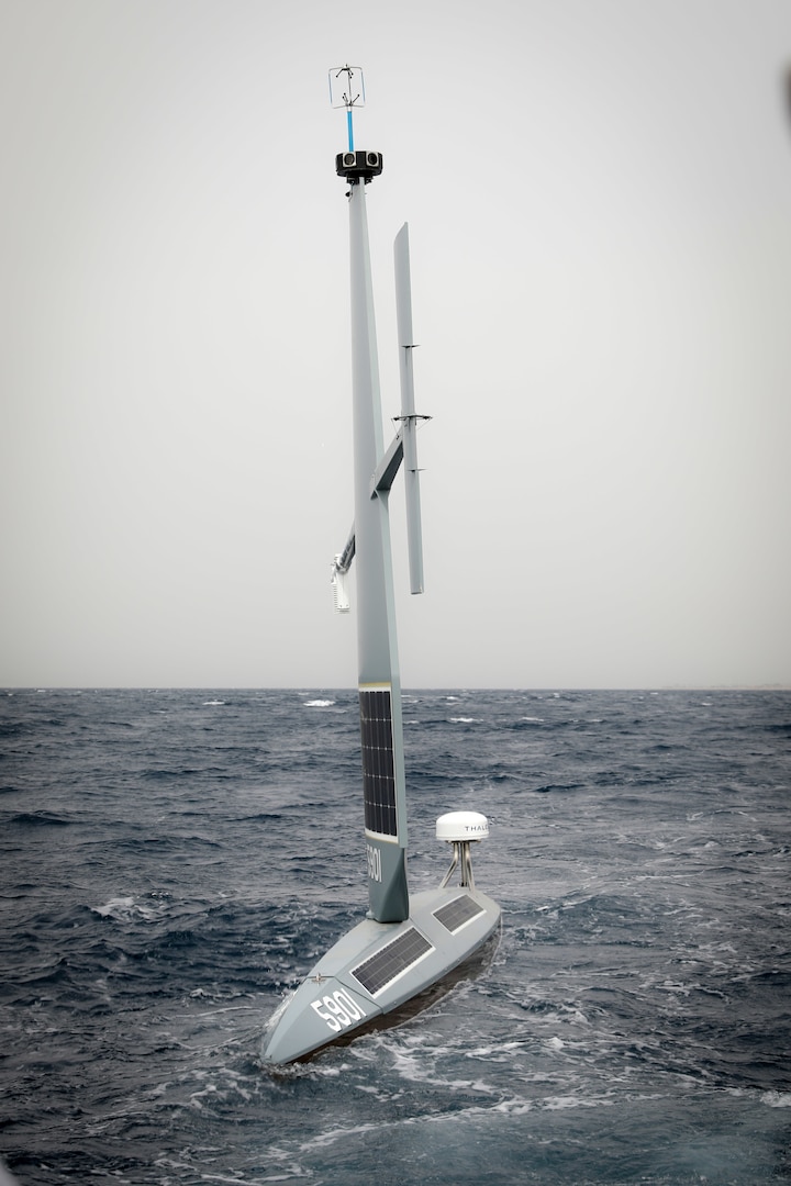 GULF OF AQABA (Dec. 12, 2021) A Saildrone Explorer unmanned surface vessel (USV) sails in the Gulf of Aqaba off of Jordan's coast, Dec. 12, during exercise Digital Horizon. U.S. Naval Forces Central Command began operationally testing the USV as part of an initiative to integrate new unmanned systems and artificial intelligence into U.S. 5th Fleet operations.