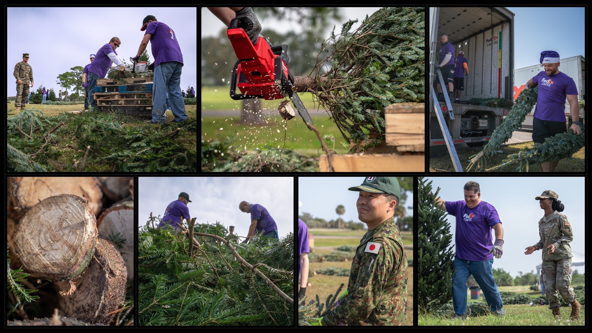 Members and their families pick up Christmas trees during the Trees for Troops event at MacDill Air Force Base, Florida, Dec. 9, 2021.