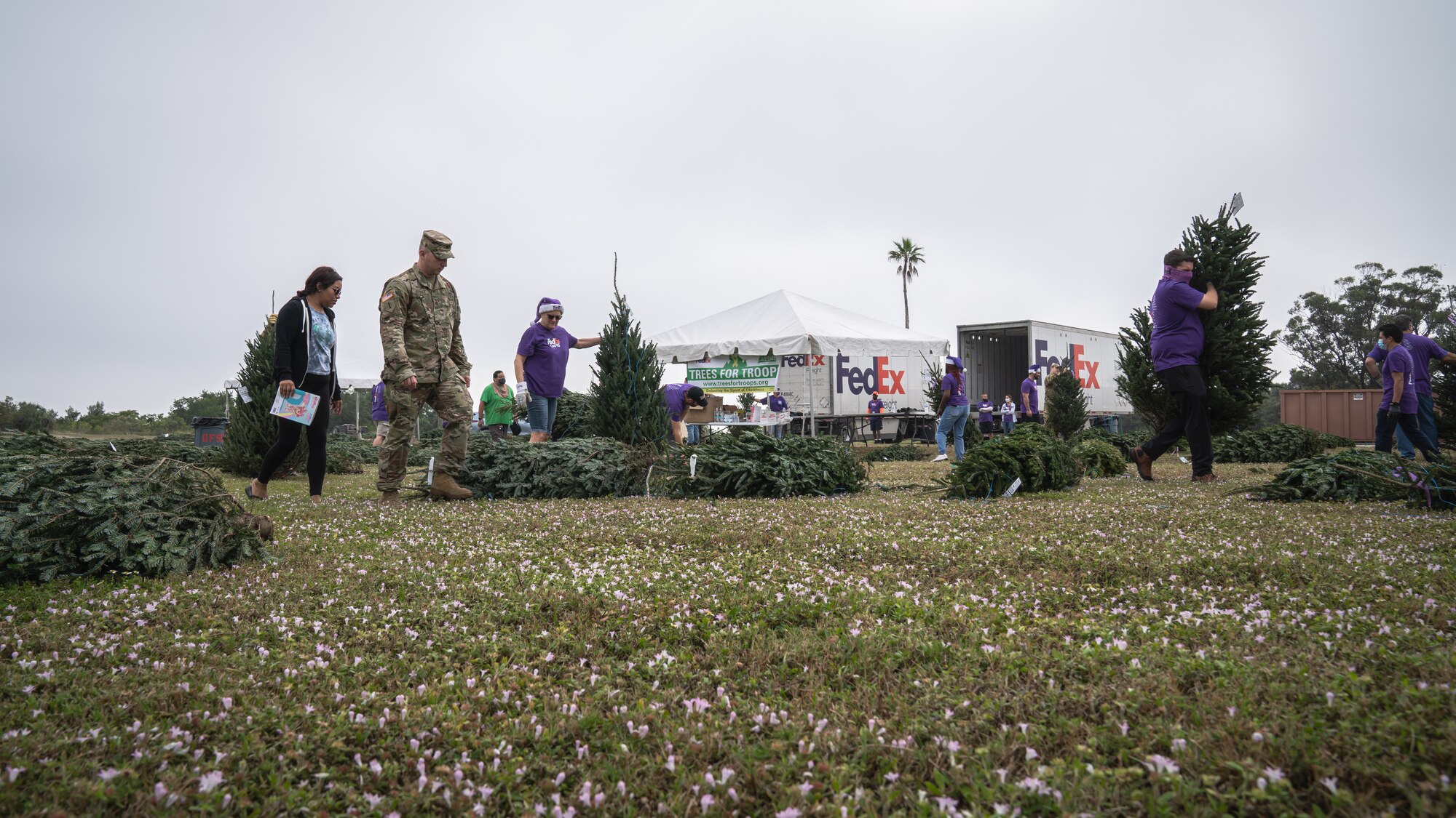 Members and their families sort through Christmas trees during the Trees for Troops event at MacDill Air Force Base, Florida, Dec. 9, 2021.