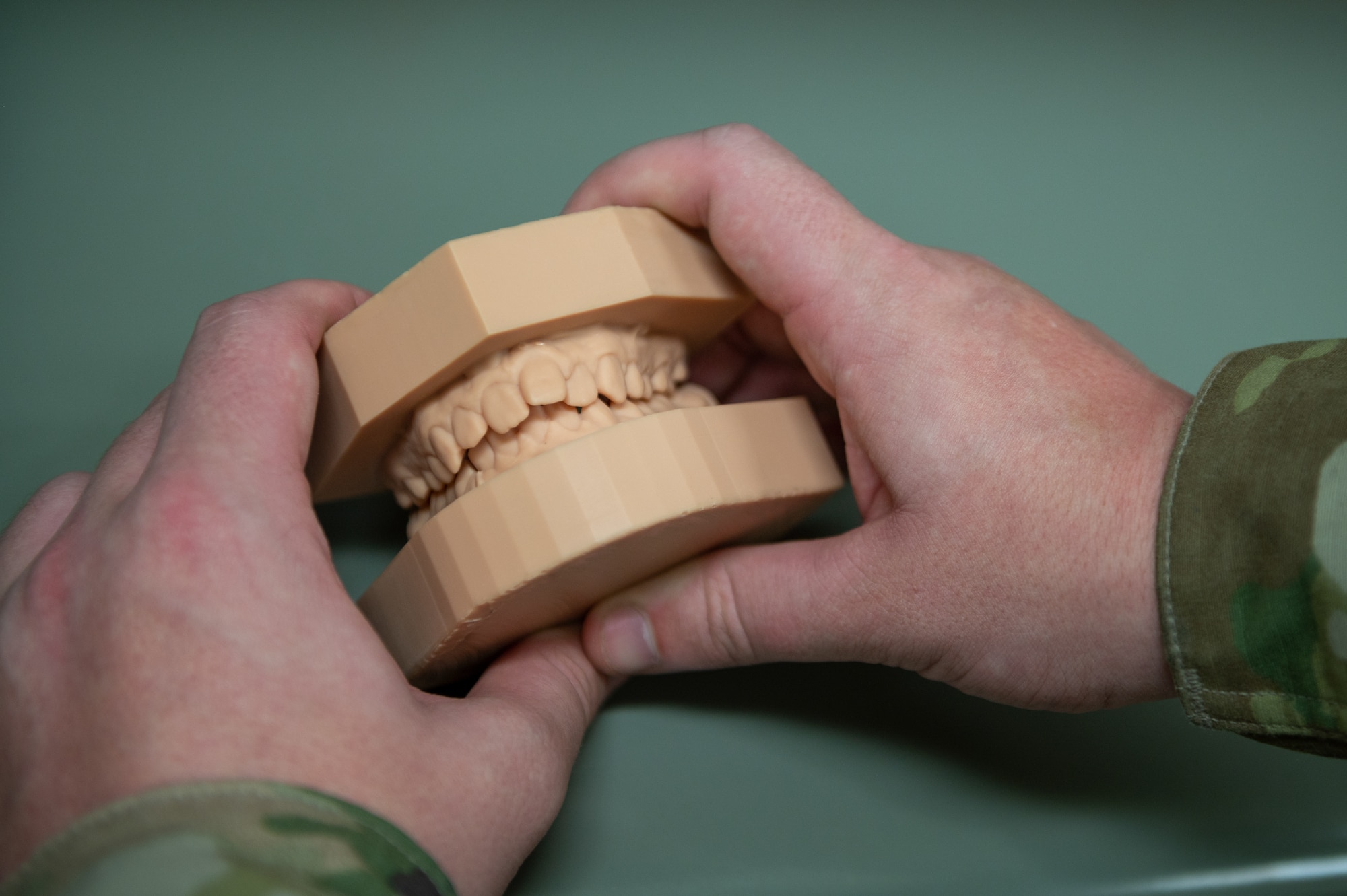 Senior Airman Eric Jacobson, 18th Dental Squadron dental laboratory technician, holds an orthodontic model