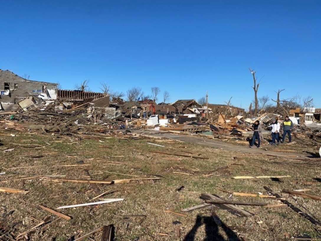 U.S. Army Corps of Engineers personnel assess the tornado damage in Mayfield, Kentucky Dec. 13, 2021 as part of the ongoing emergency response effort. The USACE Louisville District is working with our local, state and federal partners to provide supplies and technical assistance, as requested.
