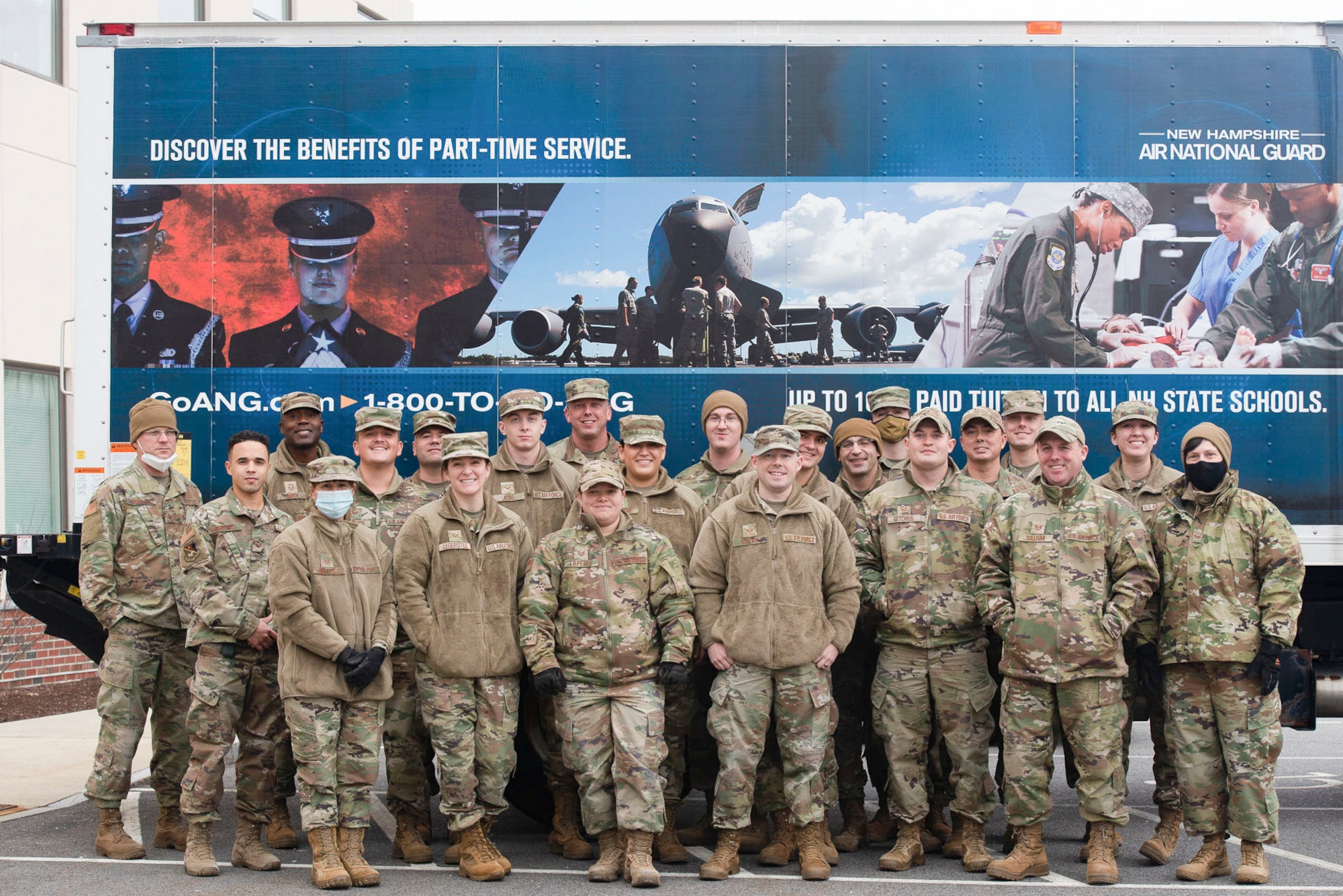 Airmen from the 157th Air Refueling Wing offloaded a truck-load of presents at the Department of Health and Human Services Dec. 13, 2021 in Portsmouth, New Hampshire. The N.H. National Guard partnered with the State Employees Association and DHHS to send nearly 3,000 children in need presents on their holiday wish list. (U.S. Air National Guard photo by Staff Sgt. Victoria Nelson)