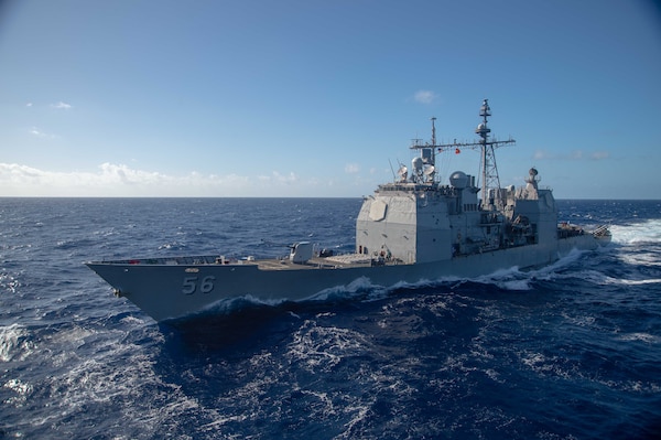 211209-N-DN159-1112 ATLANTIC OCEAN (Dec. 9, 2021) The Ticonderoga-class guided missile cruiser USS San Jacinto (CG 56) transits alongside the Nimitz-class aircraft carrier USS Harry S. Truman (CVN 75) during a replenishment-at-sea. The Harry S. Truman Carrier Strike Group is on a scheduled deployment in the U.S. Sixth Fleet area of operations in support of U.S. national interests, security, and stability in Europe and Africa. (U.S. Navy Photo by Mass Communication Specialist 3rd Class Crayton Agnew)