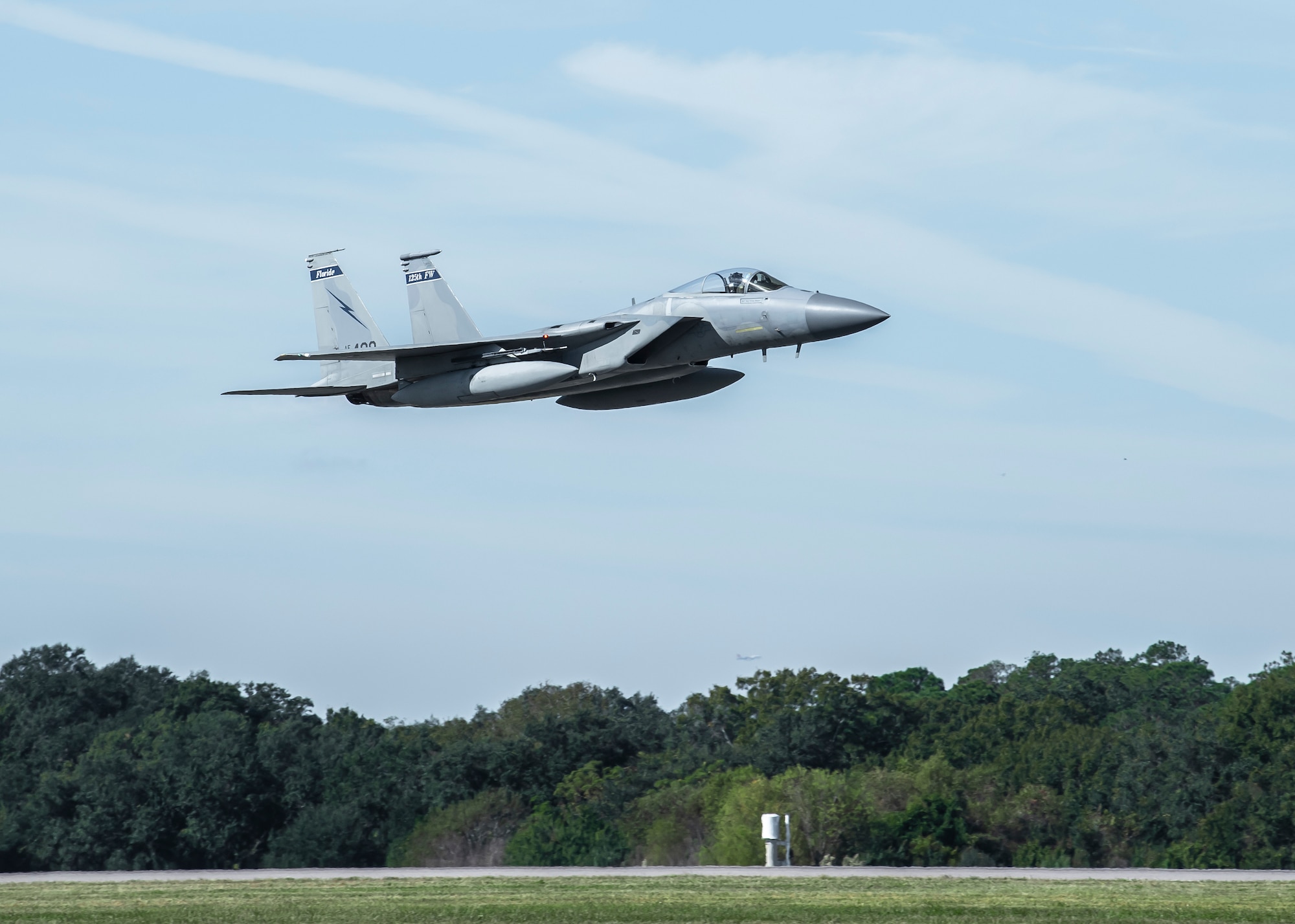 An F-15C Eagle aircraft from the 159th Fighter Squadron, 125th Fighter Wing, Florida Air National Guard, takes off from MacDill Air Force Base, Florida, Dec. 3, 2021.