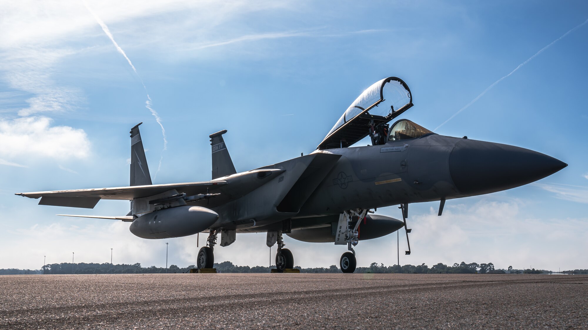 An F-15C Eagle aircraft assigned to the 159th Fighter Squadron, Jacksonville Air National Guard Base, sits parked on the flight line at MacDill Air Force Base, Florida, Dec. 3, 2021.