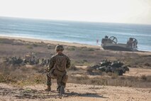 U.S. Marine Corps Lance Cpl. Blake Wyrick, a rifleman with 1st Light Armored Reconnaissance Battalion, 1st Marine Division (1st MARDIV), posts security on Red Beach during Exercise Steel Knight 22 (SK-22) on Marine Corps Base Camp Pendleton, California, Dec. 6, 2021. SK-22 is a 1st MARDIV led annual training exercise which enables the Navy-Marine Corps team to operate in a realistic, combined-arms environment to enhance naval warfighting tactics, techniques and procedures.  (U.S. Marine Corps photo by Cpl. Alexandra Munoz)