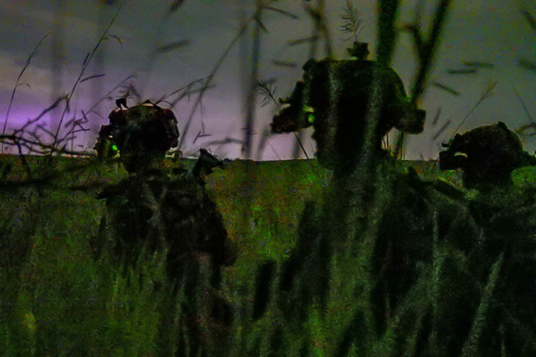 Three silhouettes of soldiers with helmets and attached lenses visible in tall grass against dark purple sky.