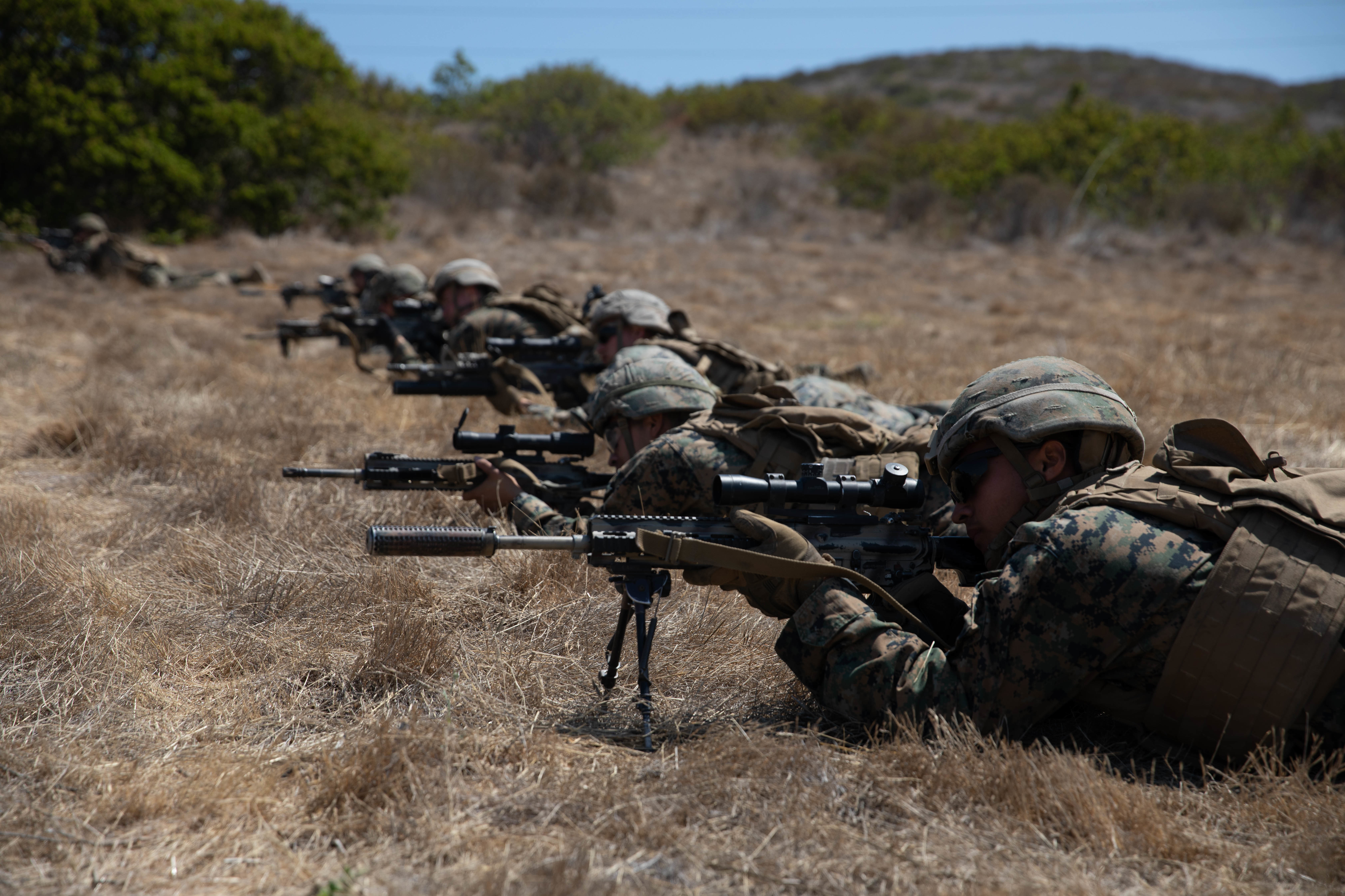 Marines on the ground, training with guns.