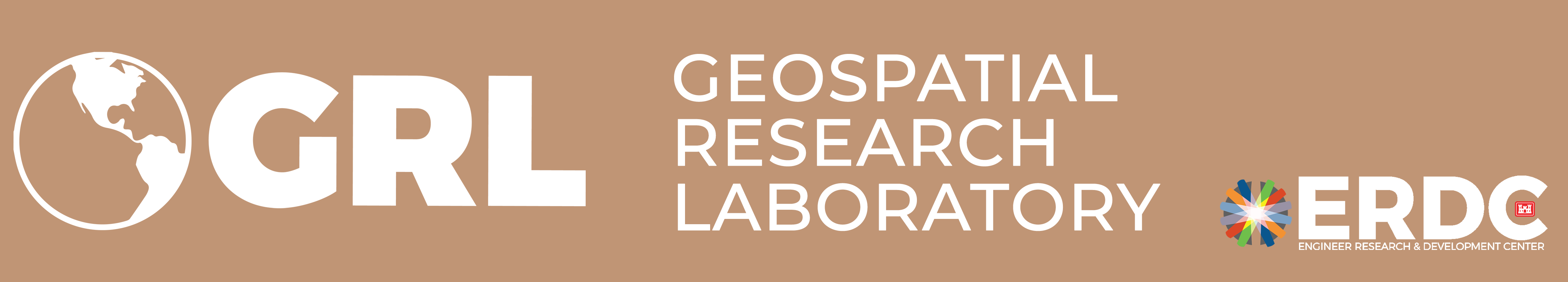 GRL's website banner. The logo is a simple illustration of the Earth with North and South American visible. The logo also says GRL, Geospatial Research Laboratory, and includes the ERDC logo.