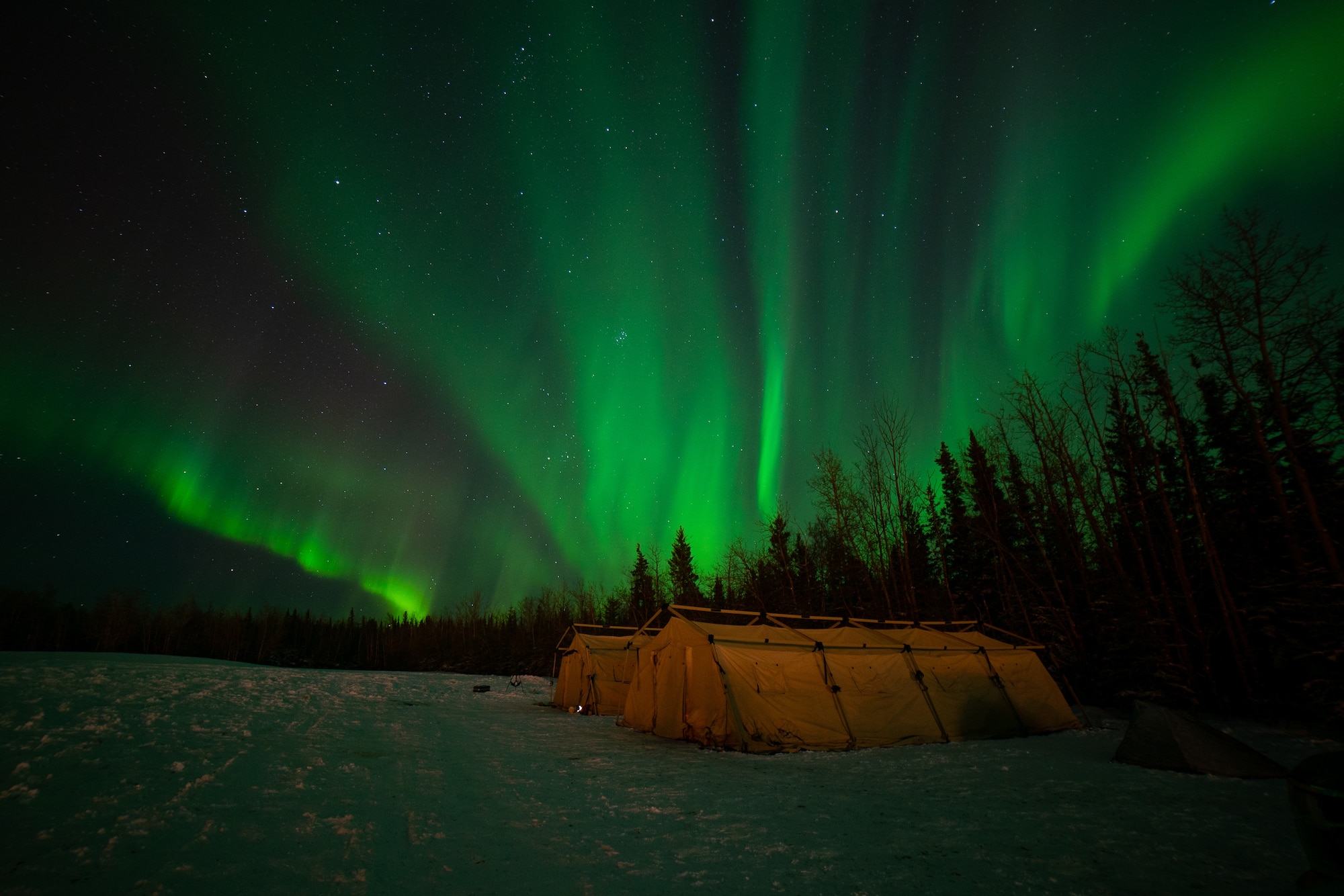Green rays from the aurora borealis shine in the sky above a snow tree line, large military tents and snowy ground.