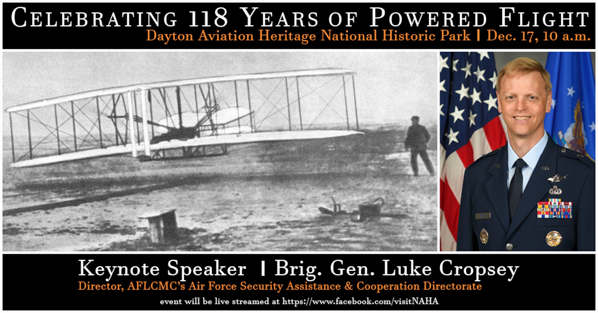 Wright-Patterson Air Force Base officials  will commemorate the 118th anniversary of achieving powered flight on Dec. 17, at 10 a.m. in Dayton . (U.S. Air Force graphic by Jim Varhegyi)