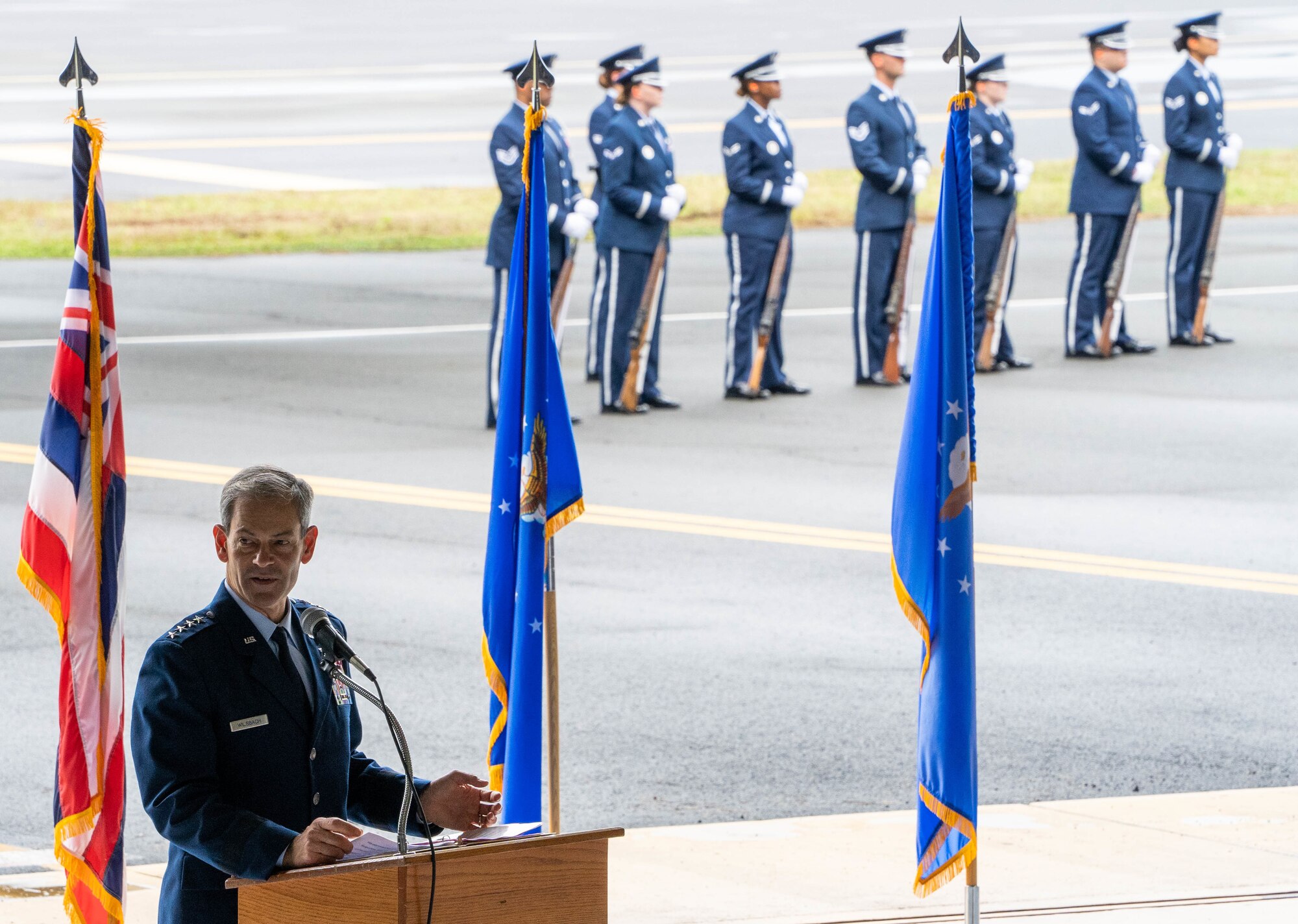 Gen. Ken Wilsbach, PACAF commander, speaks at the December 7th Remembrance Ceremony at Joint Base Pearl Harbor-Hickam, Hawaii, Dec. 7, 2021. The 80th Remembrance Ceremony honors those who survived and those who paid the ultimate sacrifice during the attack on Hickam Field. (U.S Air Force photo by Airman 1st Class Makensie Cooper)