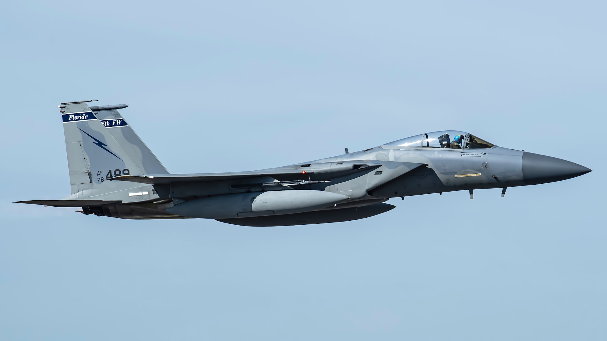 U.S. Air Force Maj. Frederick Gallup IV, a pilot assigned to the 159th Fighter Squadron, 125th Fighter Wing, Florida Air National Guard, flies an F-15C Eagle aircraft over MacDill Air Force Base, Florida, Dec. 3, 2021.