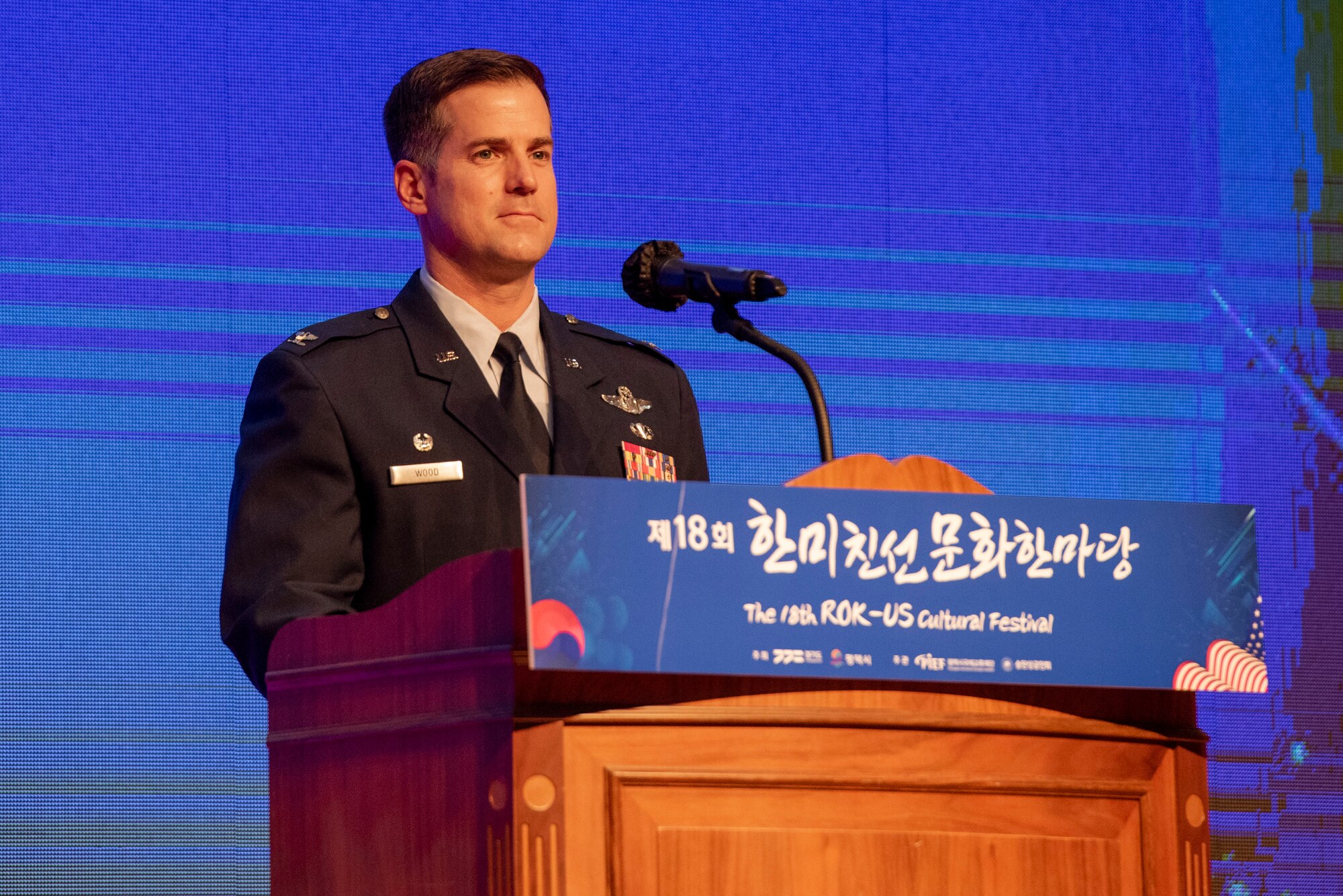 Col. Joshua Wood, 51st Fighter Wing commander, speaks at the 18th annual Korean-American Cultural Friendship Festival
