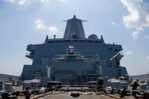 Amphibious transport dock USS Portland (LPD 27) transits the Gulf of Aden, Dec. 13, with a Solid State Laser – Technology Maturation Laser Weapons System Demonstrator Mark 2 MOD 0 on board. The Office of Naval Research selected Portland to host the laser weapon technology in 2018.