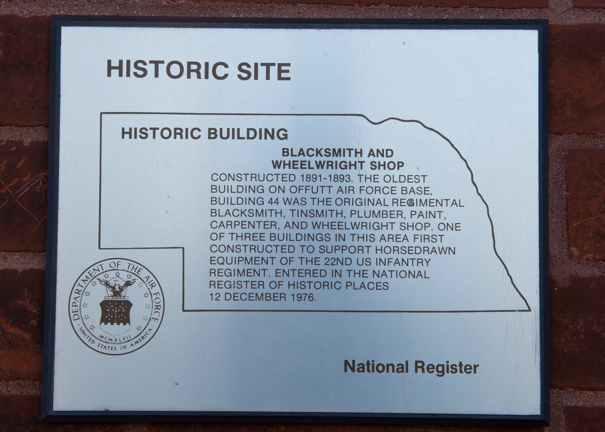 image of historic site black, there is an outline of the state of Nebraska surrounding the words historic building and below it information on building