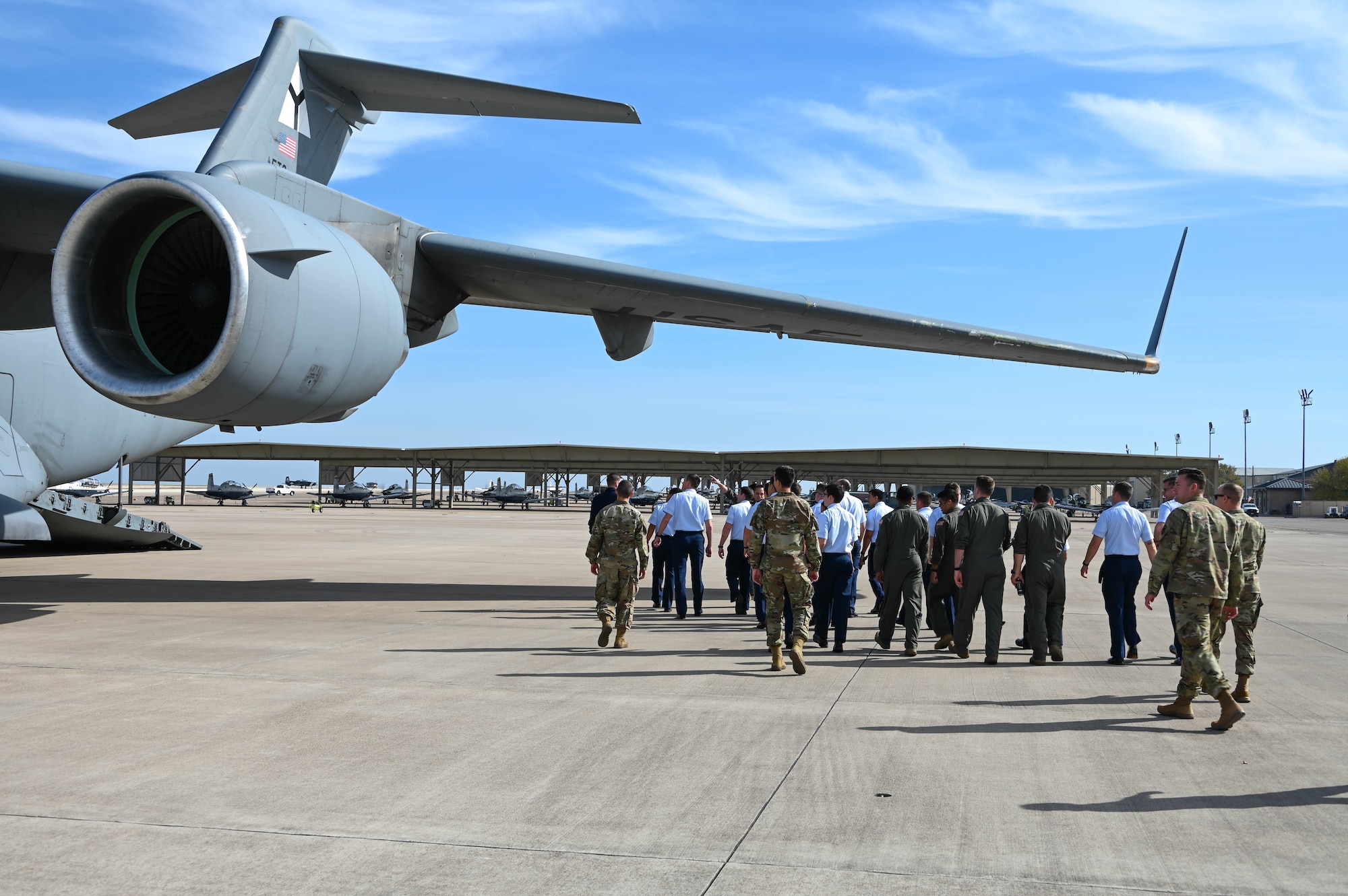 Laughlin Air Force Base (AFB), Texas, pilot students tour a C-17 Globemaster III from Altus Air Force Base, Oklahoma, Dec. 9, 2021. Laughlin AFB is the largest pilot training base in the U.S. Air Force, with more takeoffs on weekdays than any other airport in the country. (U.S. Air Force photo by Airman 1st Class Kayla Christenson)