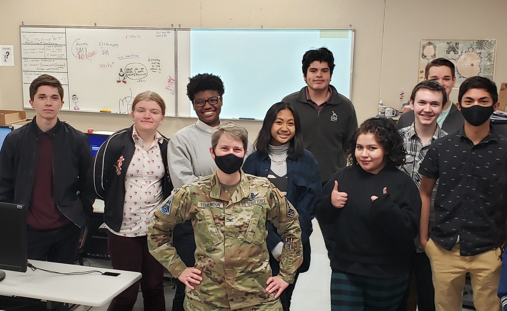 Col. Sacha Tomlinson, STARCOM Test Enterprise Division Chief poses with students in Colorado following STEMtoSpace Program speaking engagement. The STEMtoSpace program’s goal is to invest in the nation’s youth, and show them the possibilities of science, technology, engineering and mathematics oriented education and the opportunities those fields present within the Space Force.