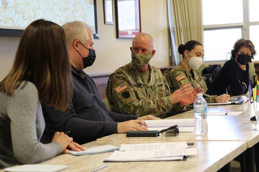 U.S. Army Maj. Gen. Mark Schindler, The Adjutant General for Pennsylvania, speaks during a meeting between Pa. Guard leadership and Dr. Arvydas Anušauskas, the Minister of Defense for the Republic of Lithuania, and Ms. Audra Plepytė, the Lithuanian Ambassador to the United States, during a visit at Fort Indiantown Gap on Dec. 14, 2021. The visit was in support of the State Partnership Program and recognized the 28 year partnership between Lithuania and Pennsylvania.