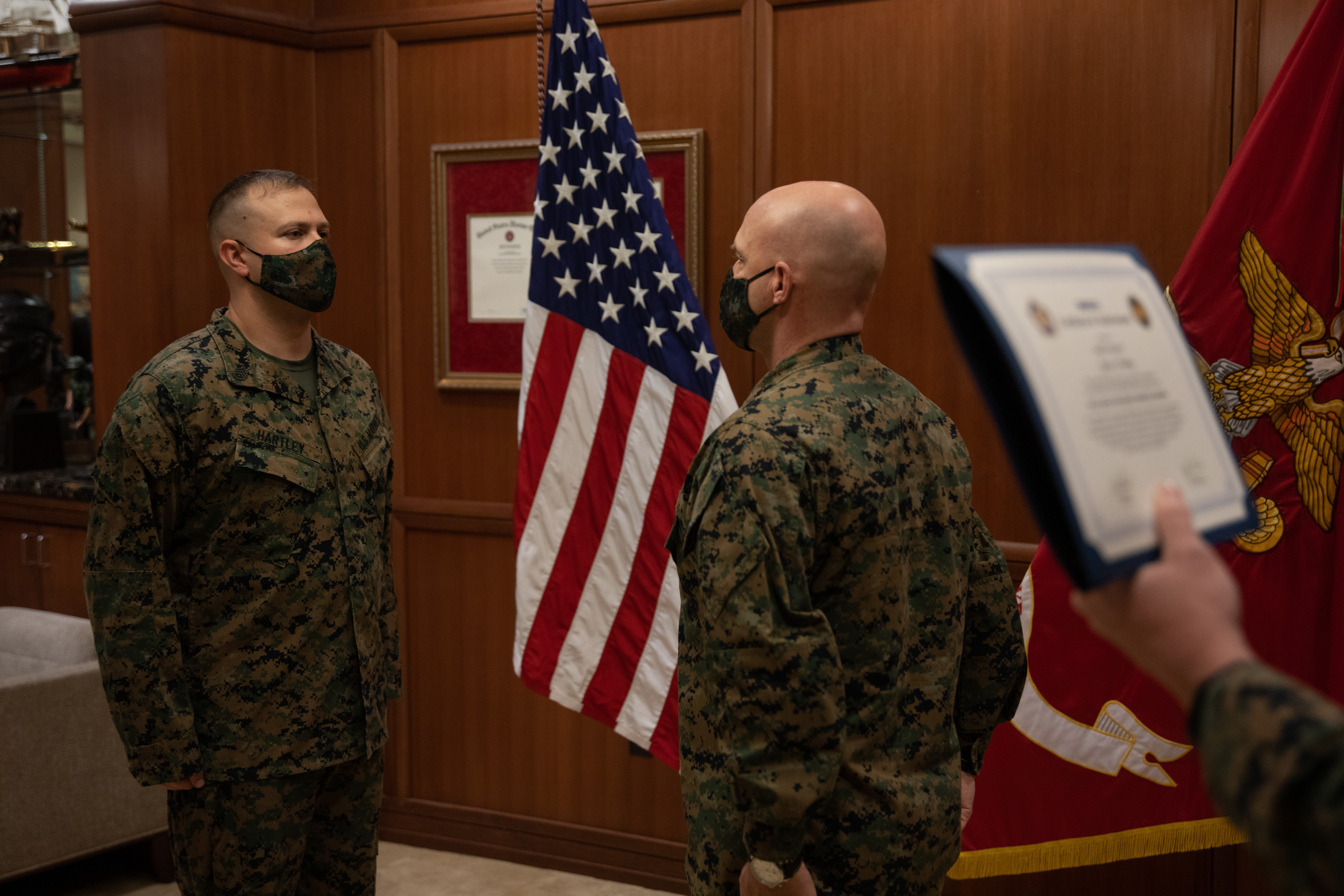 A Marine being recognized with the GEICO Military Service Award.