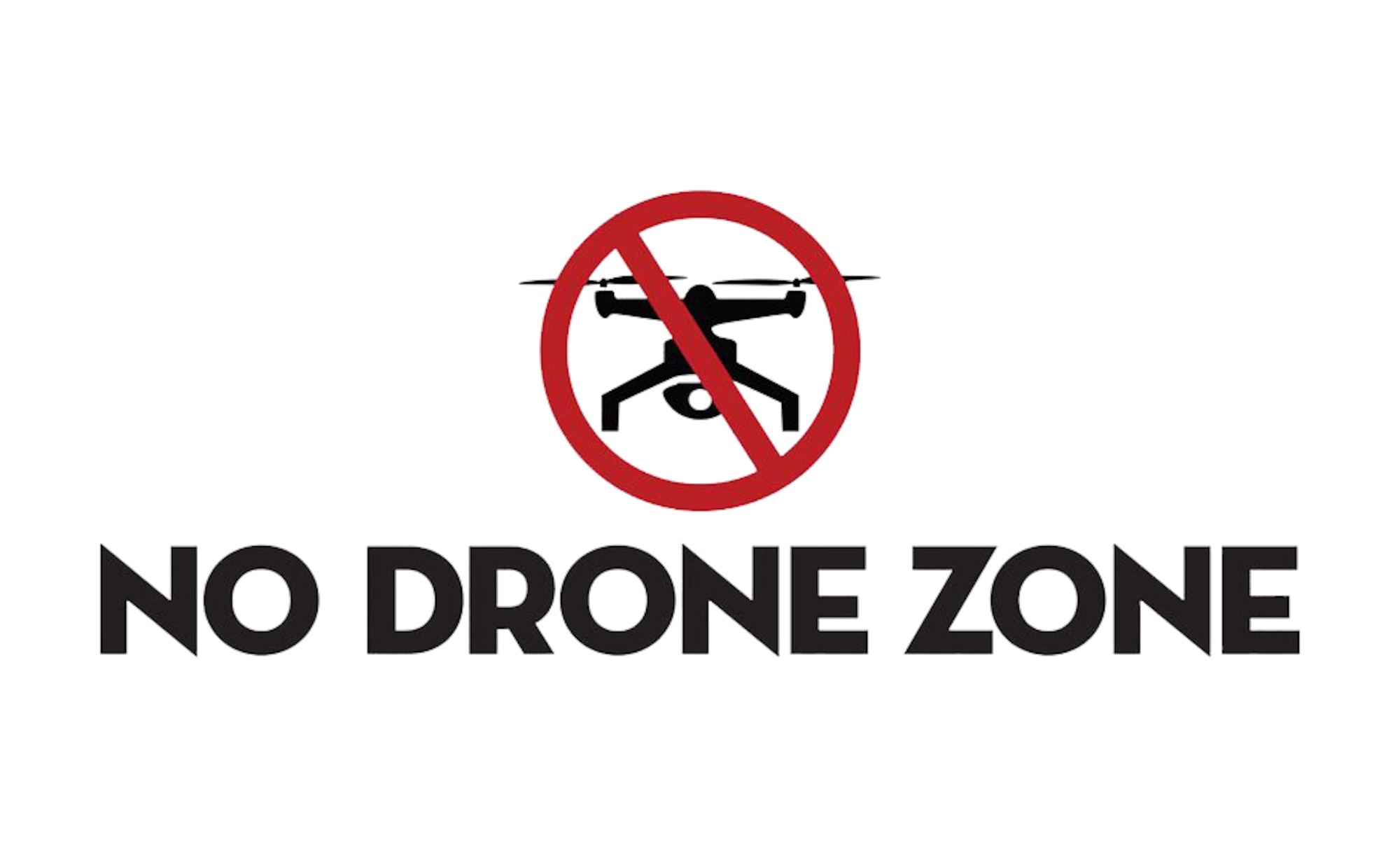 Graphic showing a drone with a red circle and line through it stating no drone zone.