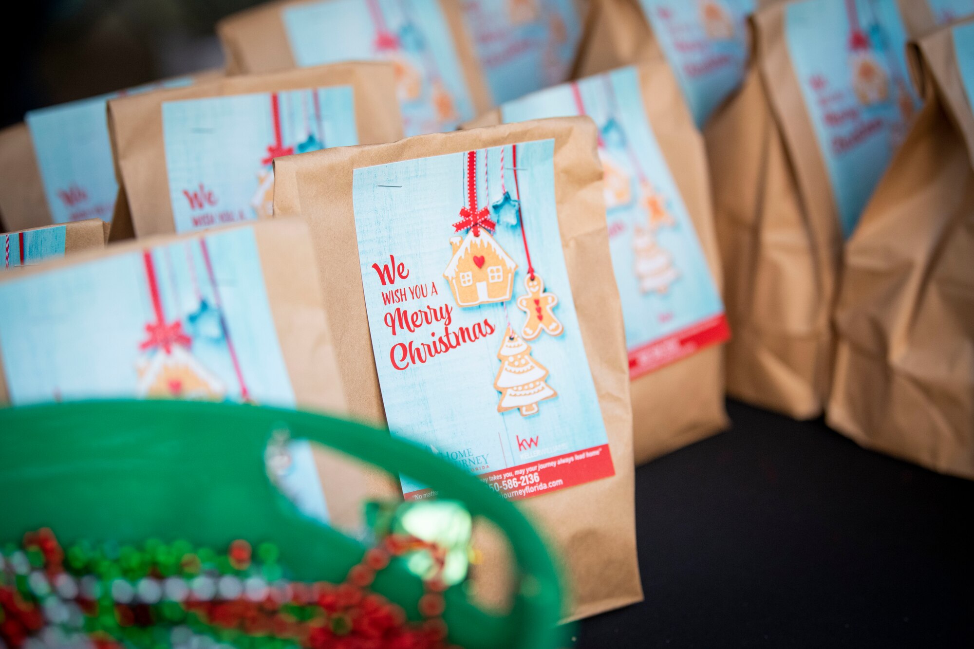 Several treat bags sit on display at the annual tree lighting ceremony
